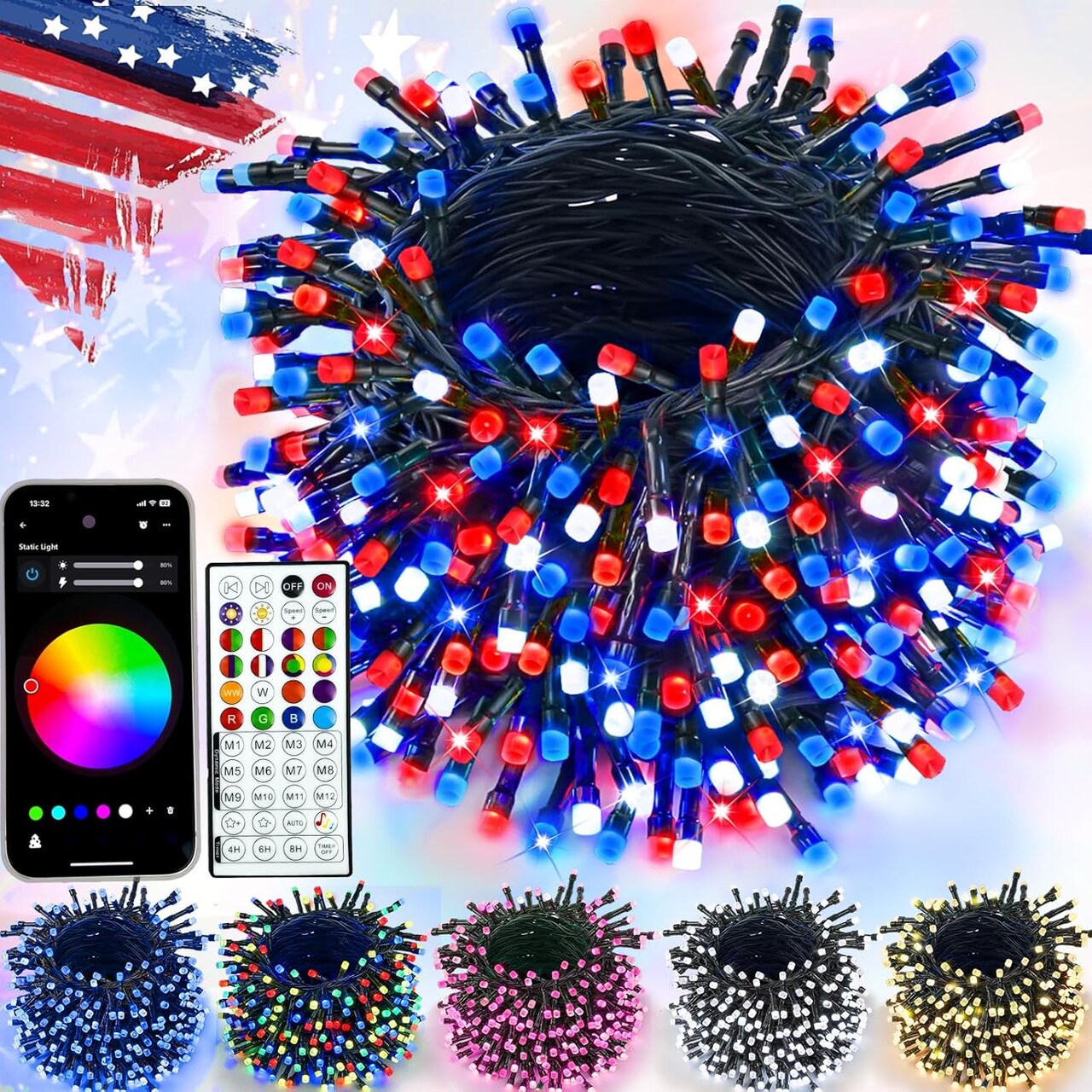 Red White and Blue String Lights, Color Changing Smart RGB Christmas Lights with Remote & App Control & Timer, Music Sync Multiple Modes 66ft 200 LED Twinkle Light Indoor Outdoor